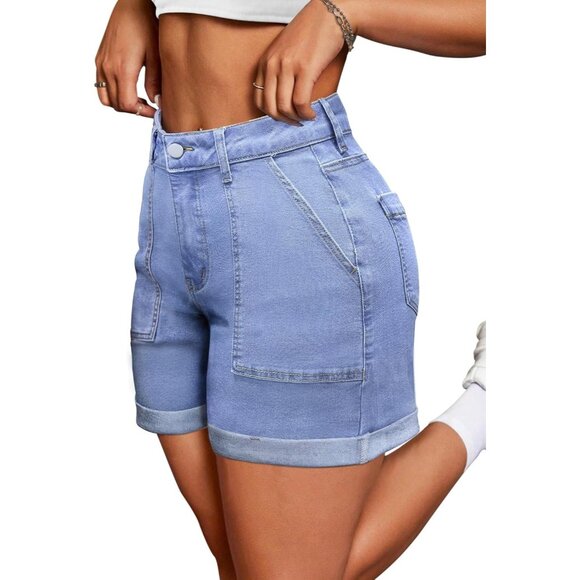 Light Blue High Waisted Stretchy Casual Denim Shorts Ripped Frayed Hem Summer - Picture 1 of 6